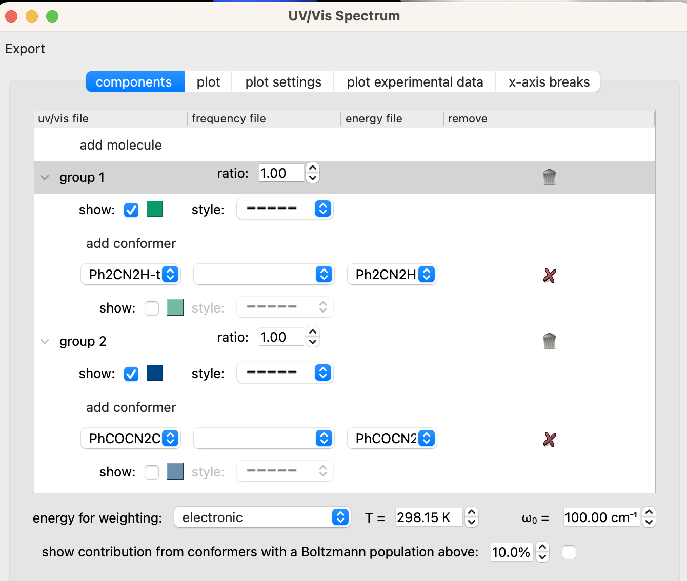 screenshot of UV/vis spectrum settings